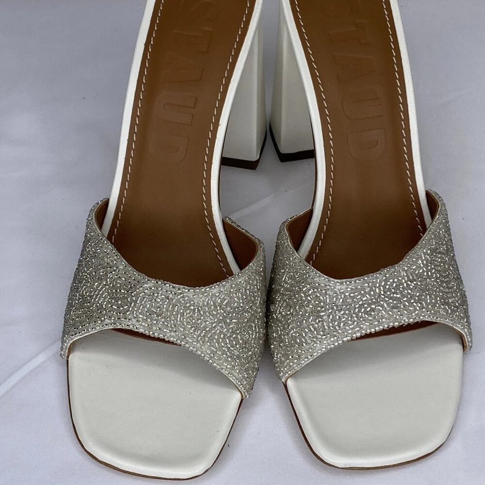 Staud Women's Sloane Beaded High Block Heel Sandals White Size 7